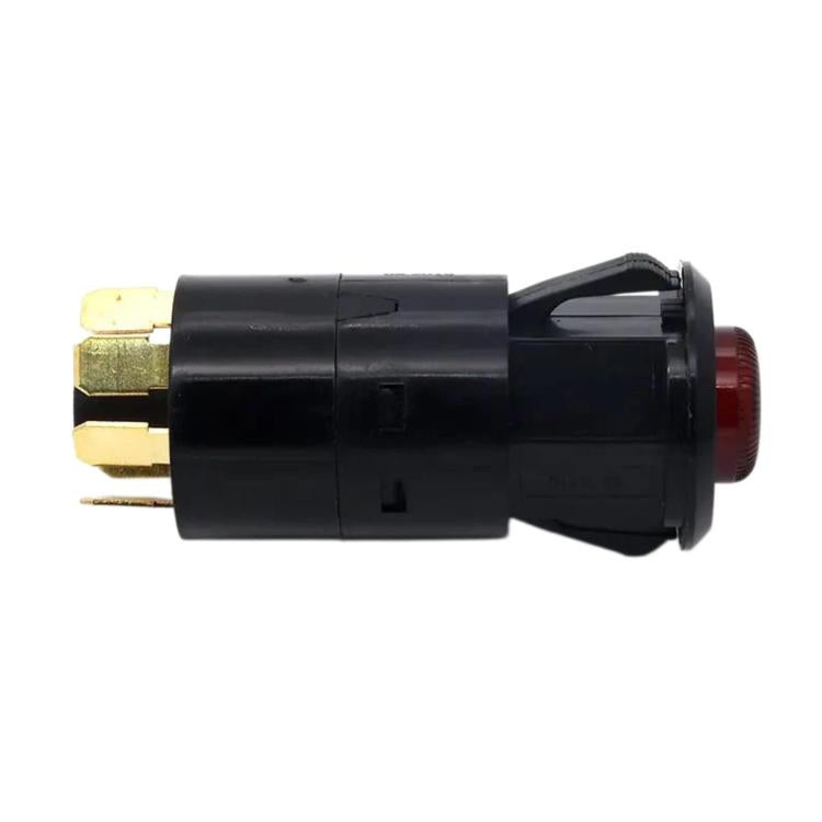 Car hazard warning light switch with red indicator lens and brass pins