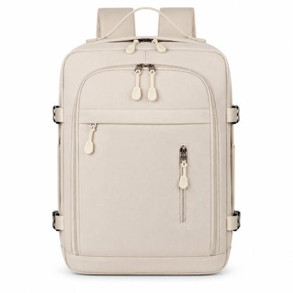 Beige travel backpack with front zip pockets, side straps, and top handle