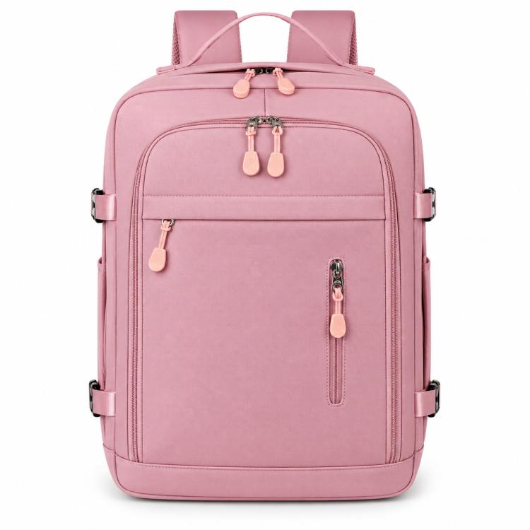 Pink travel backpack with front zip pockets, side straps, and top carry handle