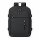 Black travel backpack with front zip pockets, side straps, and top carry handle