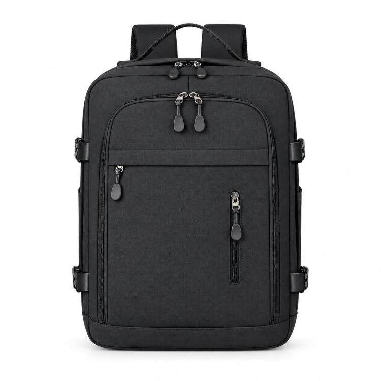 Black travel backpack with front zip pockets, side straps, and top carry handle
