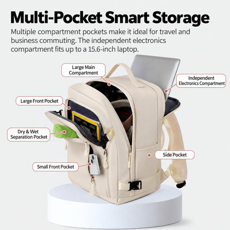 Beige travel backpack opened, showing front pocket and separated wet pocket