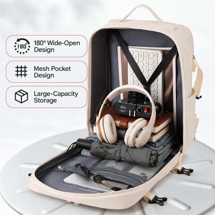 Beige travel backpack open with wide-opening design and laptop-ready interior
