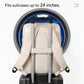 Beige backpack with luggage pass-through strap for stacking on a suitcase