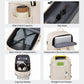 Beige backpack pocket details: side pocket, key hook, and electronics compartment