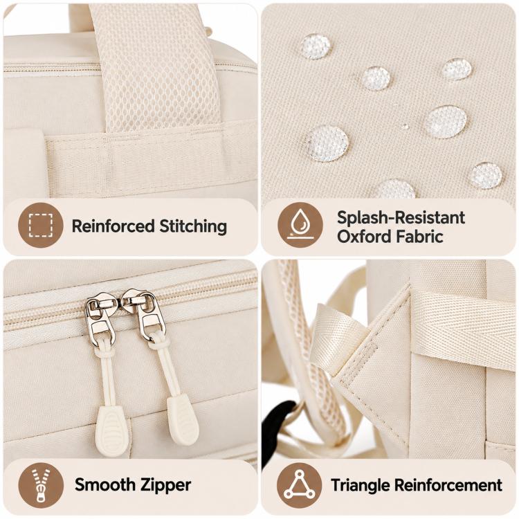 Beige oxford fabric travel backpack with smooth zipper and triangle reinforcement