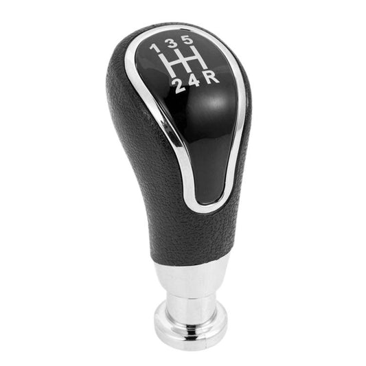 Black 5-speed gear shift knob with chrome trim, numbered H pattern and 1–5/24R view