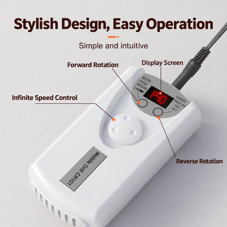 White electric nail drill unit with LCD screen, buttons, and connected e-file cord