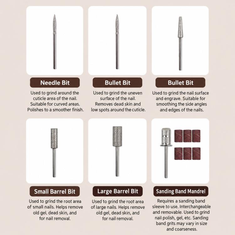 Nail drill bit set: needle, bullet, barrel, and sanding band with mandrel