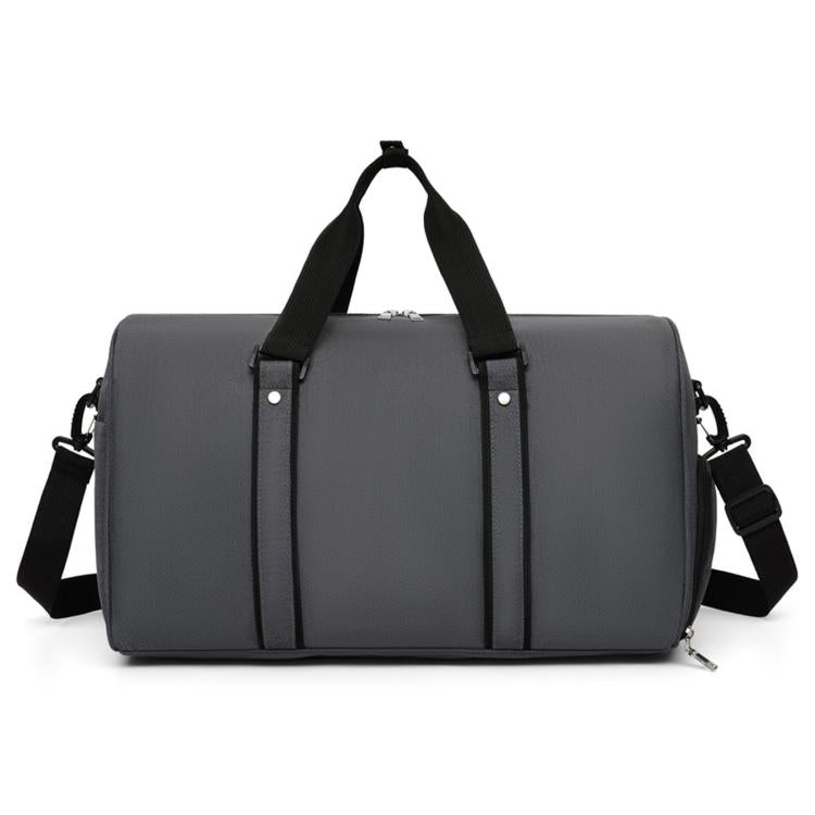 Gray sports duffle bag with top handles and adjustable shoulder strap