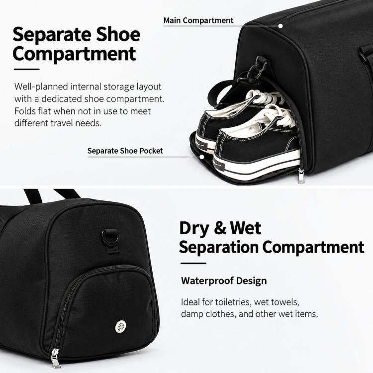Black sports duffle bag showing separated shoe compartment and dry/wet pocket