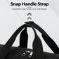 Black duffle bag with snap-handle carry strap and reinforced webbing