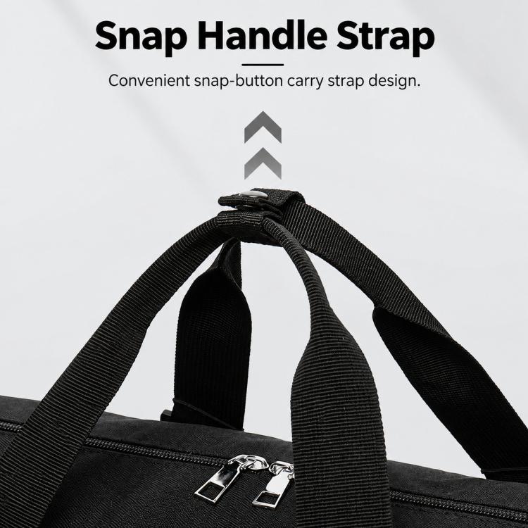 Black duffle bag with snap-handle carry strap and reinforced webbing