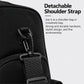Black duffle bag with detachable shoulder strap and metal D-ring hardware