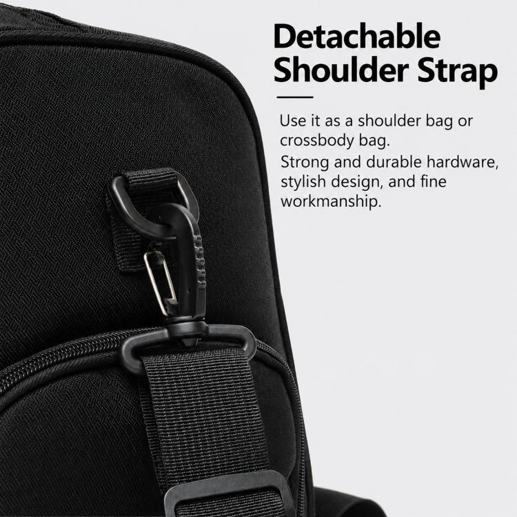 Black duffle bag with detachable shoulder strap and metal D-ring hardware