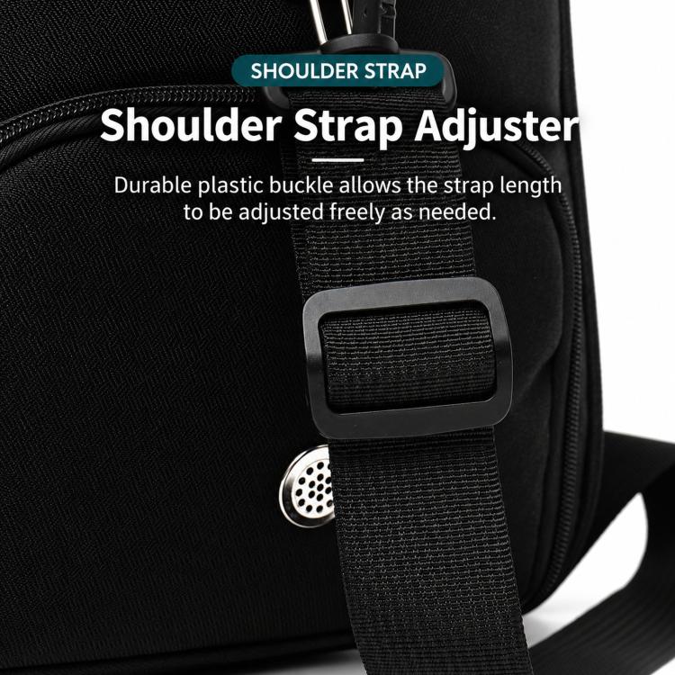 Black duffle bag side strap with adjustable buckle and webbing strap