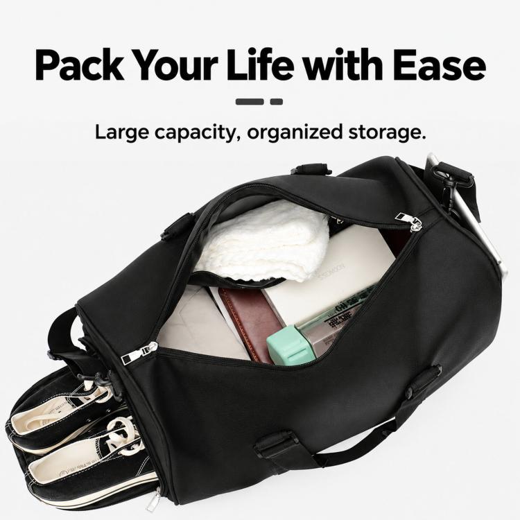 Black sports duffle bag open with organized interior and shoe compartment