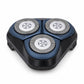 Three circular foil shaver heads on blue pads with black replacement head assembly
