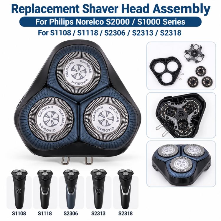 Tri-head replacement shaver head assembly with blue pads and silver foil cutters
