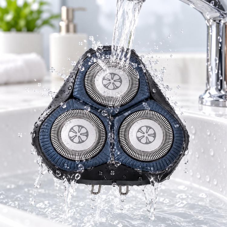 Water-splashed triple foil shaver head assembly with blue and black housing