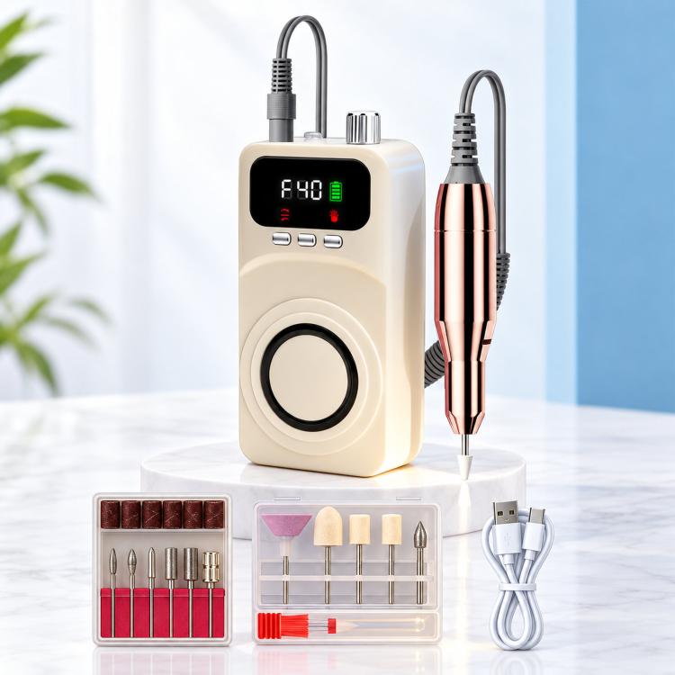 Beige portable cordless nail drill machine with rose-gold handpiece and bit set