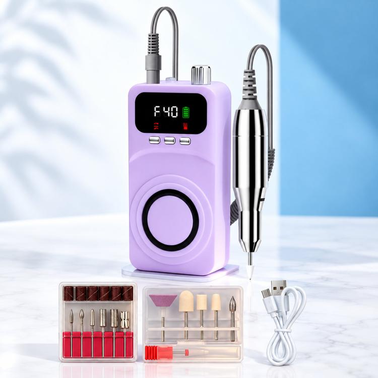 Purple portable cordless nail drill machine with silver handpiece and bit set