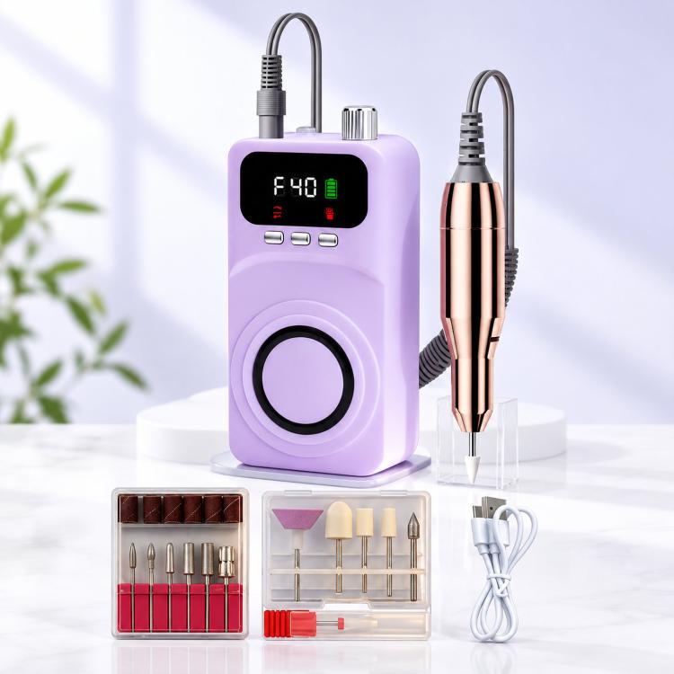 Purple portable cordless nail drill machine with rose-gold handpiece and bit set