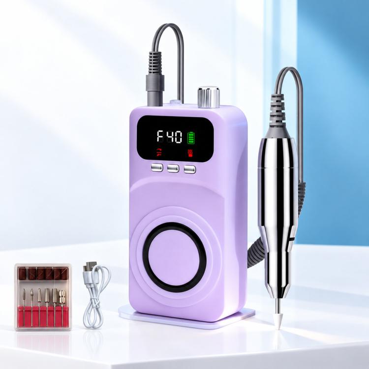 Purple cordless nail drill machine with silver handpiece, cords, and bit case