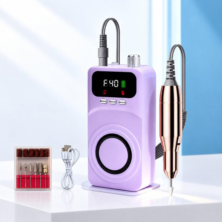 Purple cordless nail drill machine with rose-gold handpiece, cords, and bit case