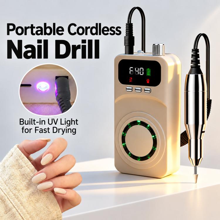 Beige portable cordless nail drill machine with silver handpiece and UV light window