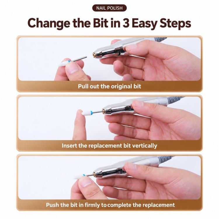 Hand changing a nail drill bit on an electric e-file handpiece