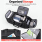 REMOID T18 duffle bag open layout with front zipper pocket and side slip pocket in black.