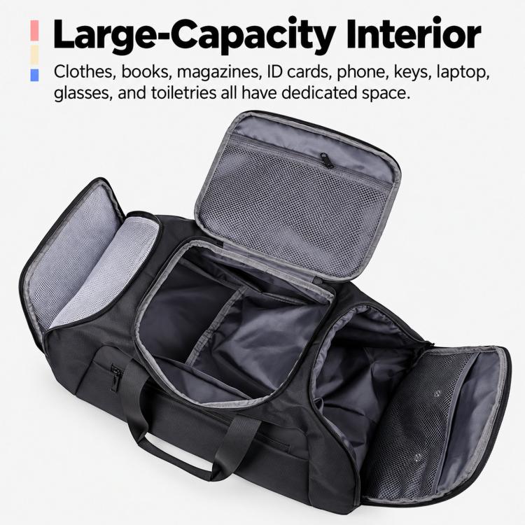 REMOID T18 duffle bag open interior with mesh zip divider panels in black.