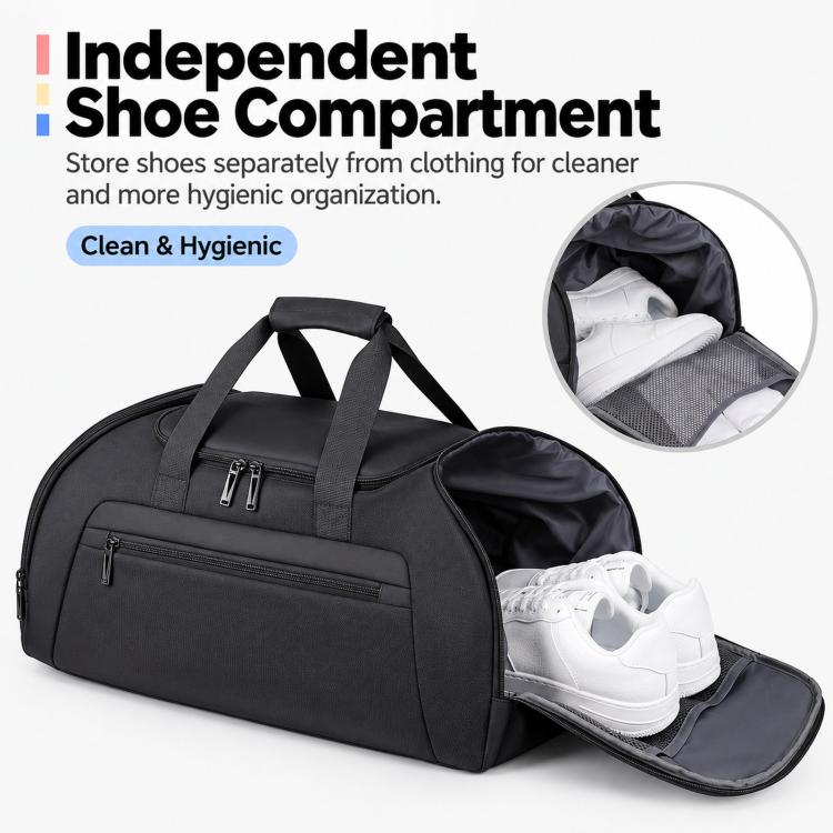 REMOID T18 duffle bag with separate shoe compartment and black shoulder strap.