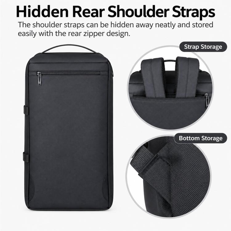 REMOID T18 duffle bag with hidden rear shoulder straps stored in back zipper area.