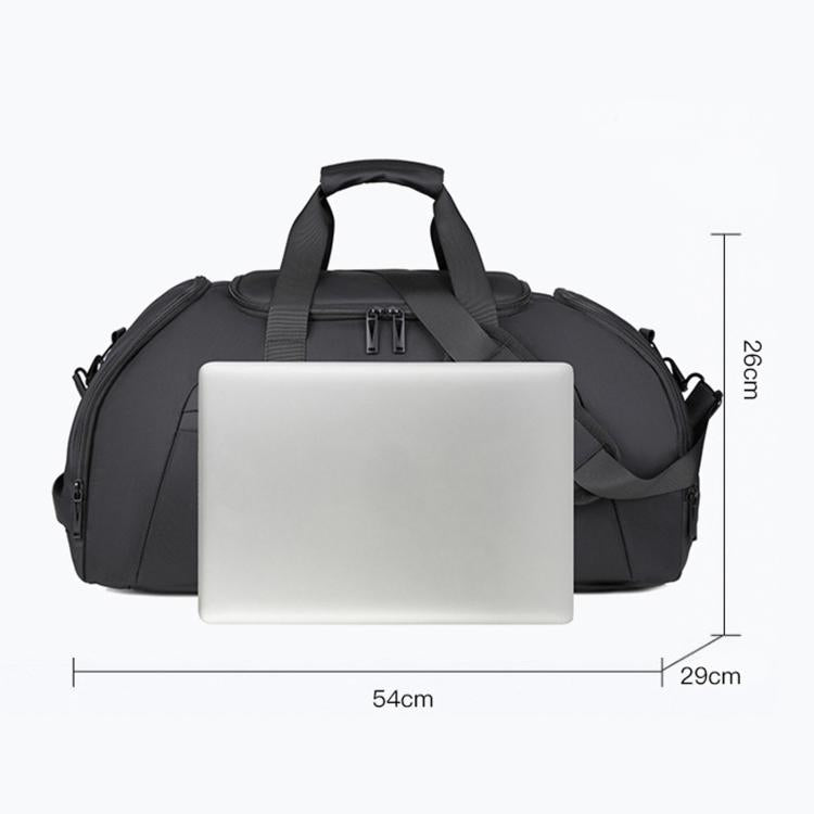 Large black gym duffle bag with top handle, side zippers, and backpack shoulder straps