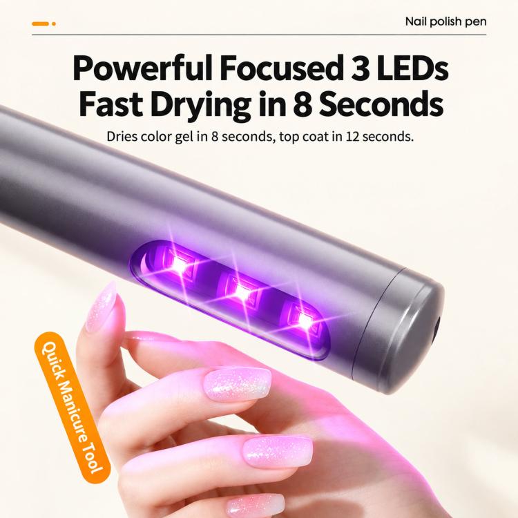 Grey nail drill pen with glowing LED lights and visible hand holding a finger