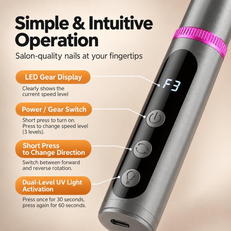 Cordless nail drill pen control panel with speed level display and directional switches