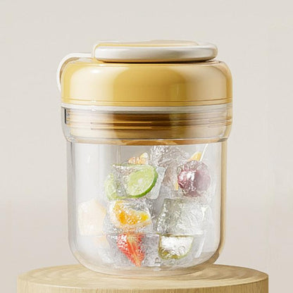 Beige ice press cup with lid; clear container holding mixed ice cubes