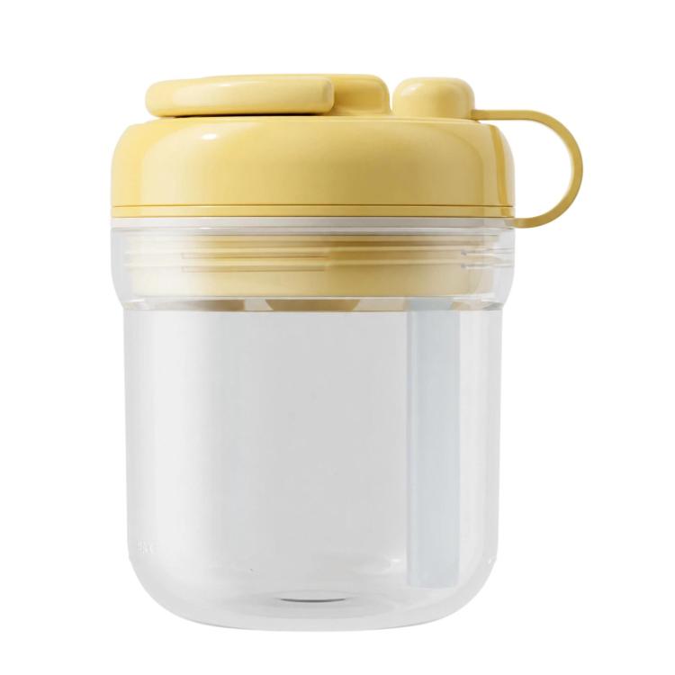 Beige ice press cup with handle and lid; clear container