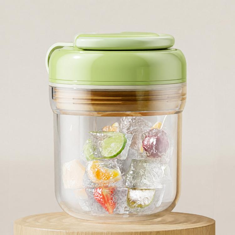 Green ice press cup with lid; clear container holding mixed ice cubes