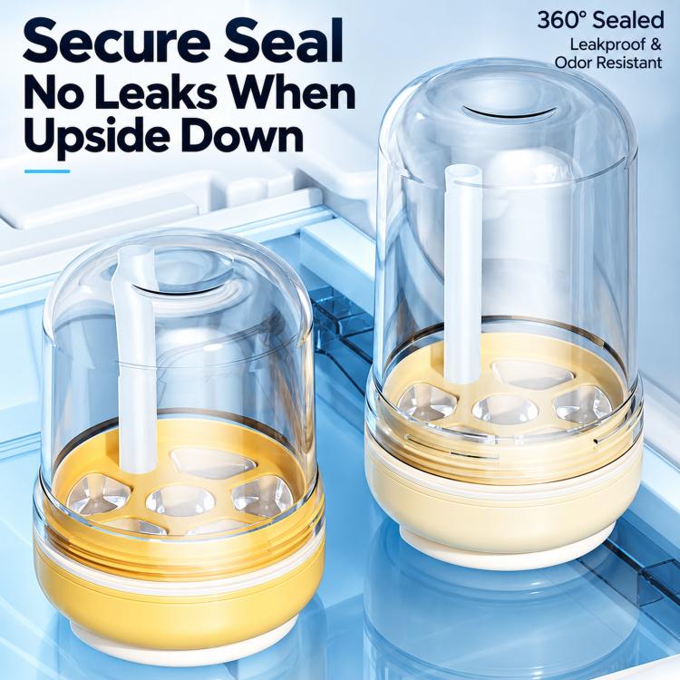 Two sealed ice press cups, yellow and blue, with lids and drip-proof bases