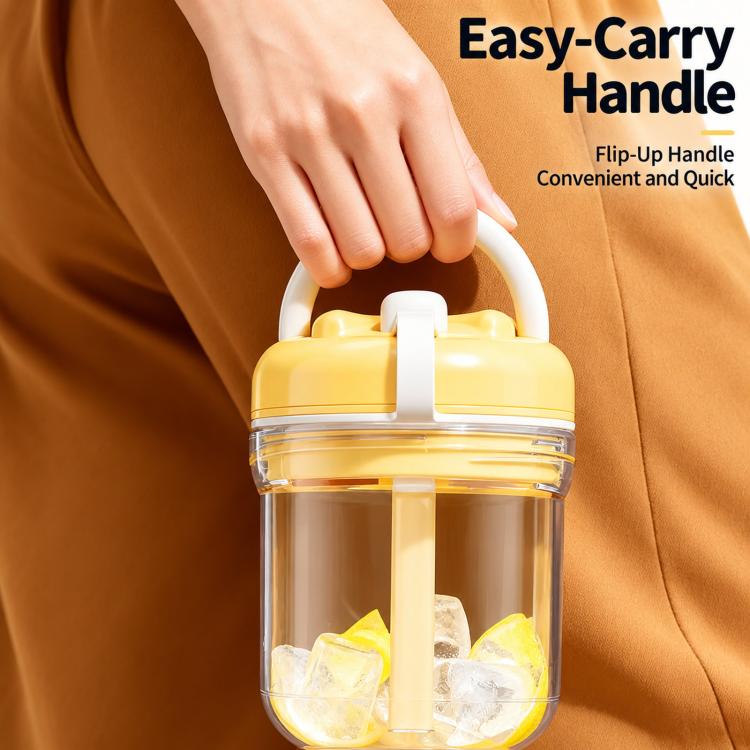 Portable ice press mold cup with flip-up handle, clear chamber and yellow lid