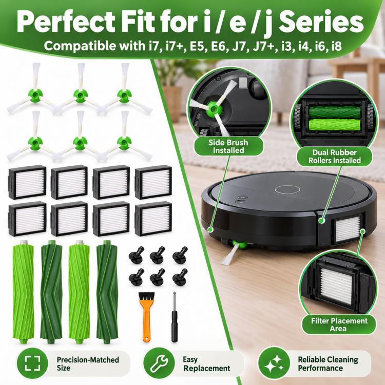 Replacement Kit For iRobot Roomba i7 / i7+ / E5 / E6, Inchuded 4 Rubber Brushes 8 Filters 6 Side Brushes, 2+8+6