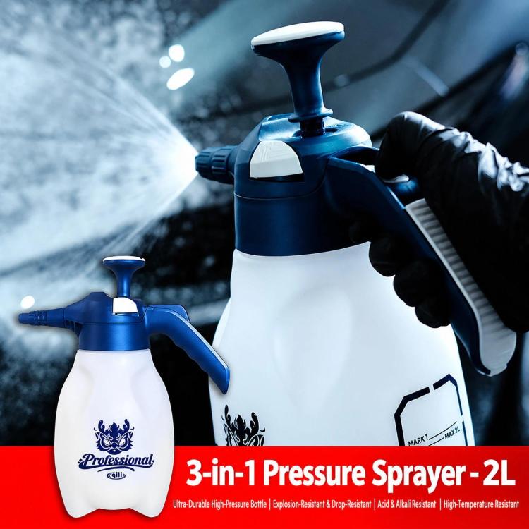 Two blue-and-white pressure sprayers with foam mist spray stream, gloved hands