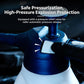 Close-up of blue-and-white pressure sprayer with top pump and pressure release area