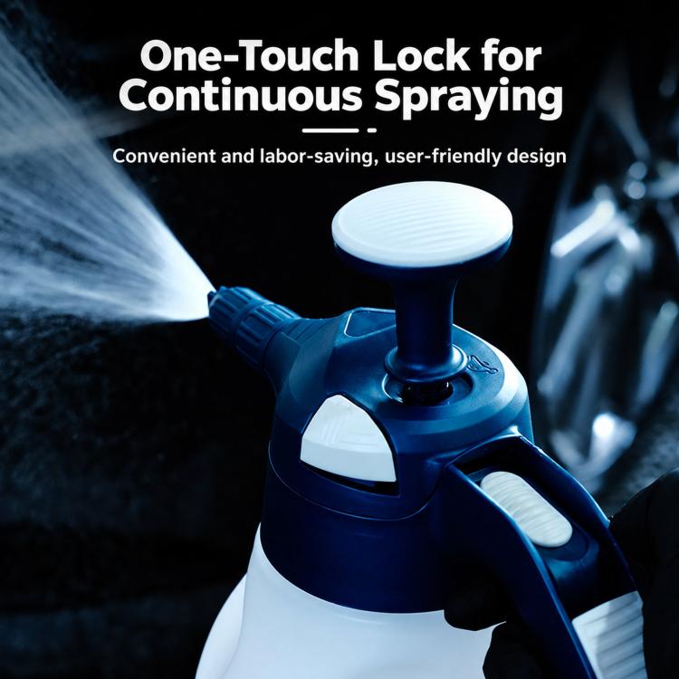 Blue-and-white pressure sprayer with round top cap and hand grip for continuous spray