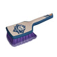 Blue-handled tire brush with dark purple bristles and emblem on rectangular pad