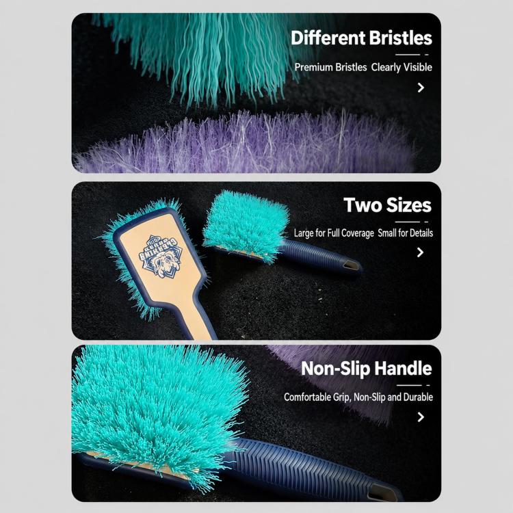Two-size car tire brush set with teal and purple bristle heads and non-slip handle