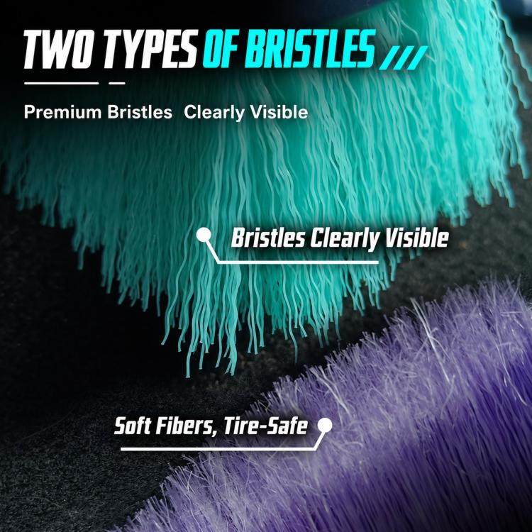 Tire brush head with visible teal fiber bristles for detailed cleaning